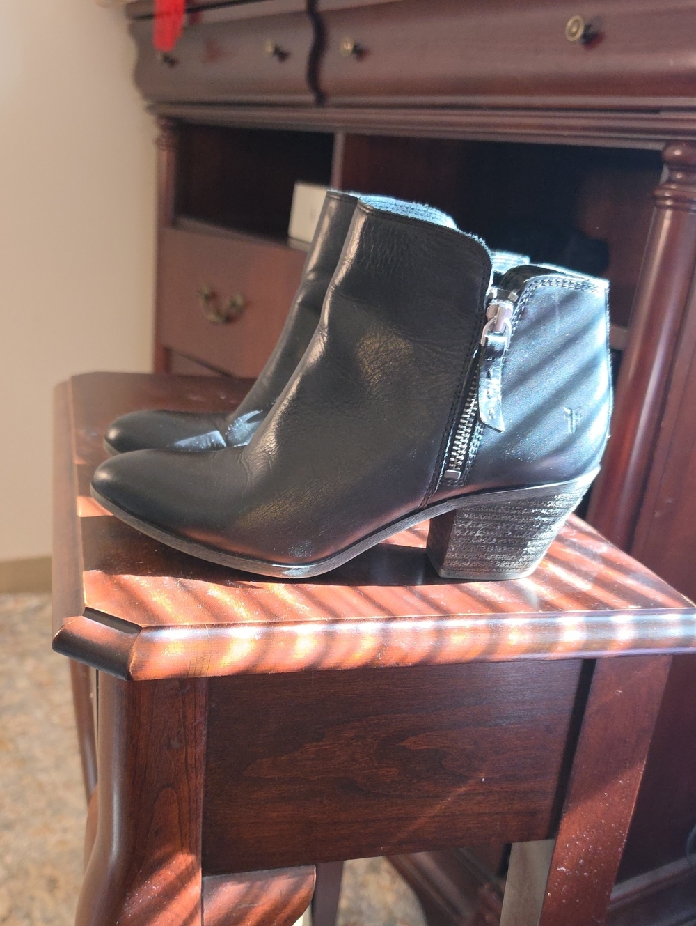 Frye Black Leather Ankle Booties with Side Zip